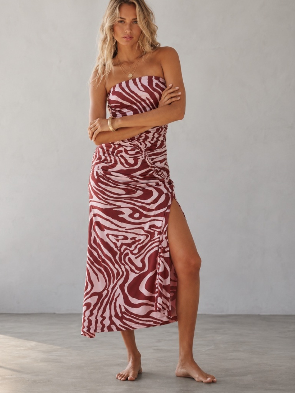 ANTHROPOLOGIE Celandine Gabbie Strapless Ruched Tube Dress Zebra Red Pink XXS